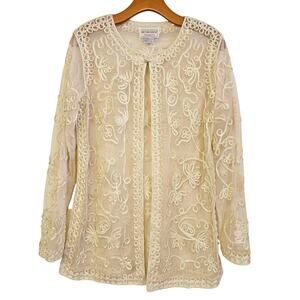 Victor Costa Occasion Ivory Lace‎ Long Sleeve Sheer Cardigan Size M Holidays